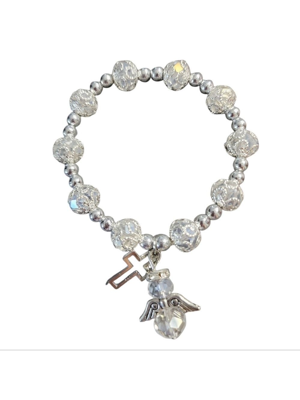 Silvertone Clear Crystal Beaded Stretch Bracelet with Angel & Cross Charms